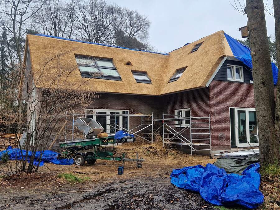 Renovatie van een rieten dak met steiger
